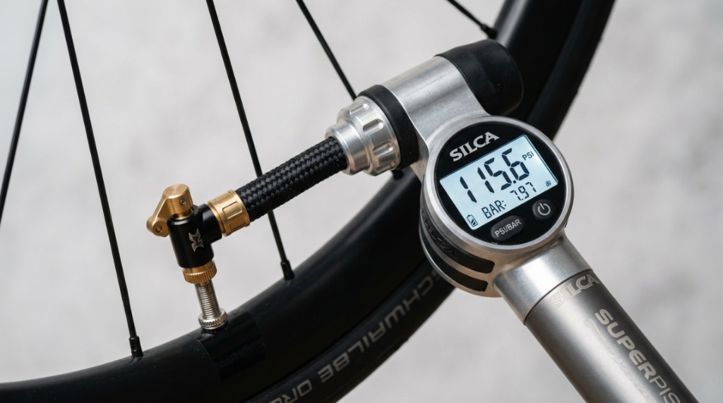 Close up shot of a digital pressure gauge on a modern bicycle pump.