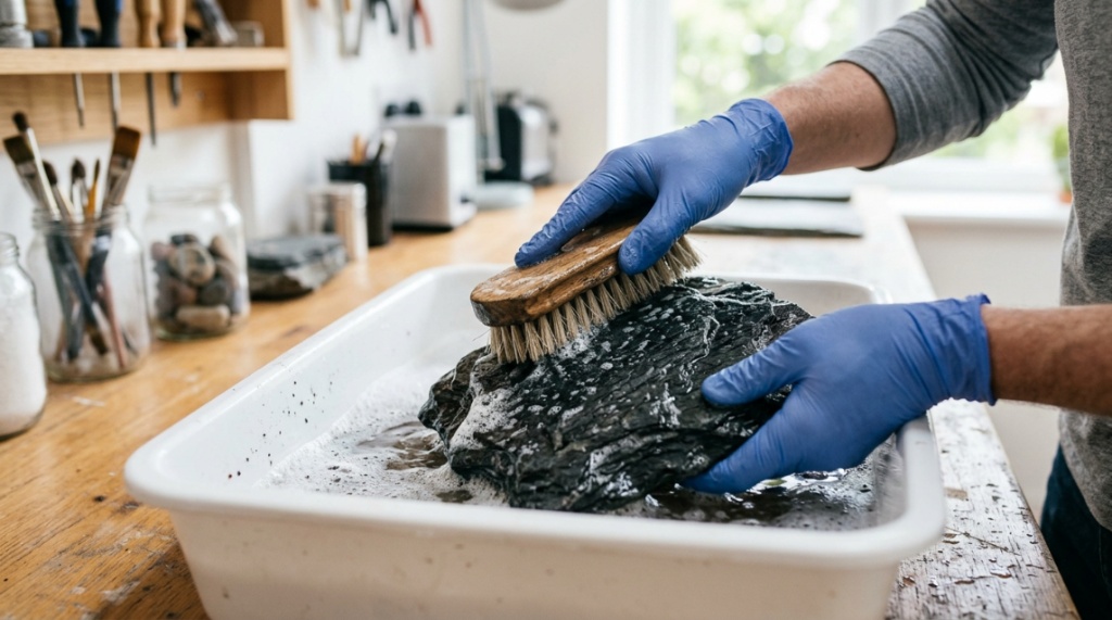 A person scrubbing a dark slate rock inside a water bucket.