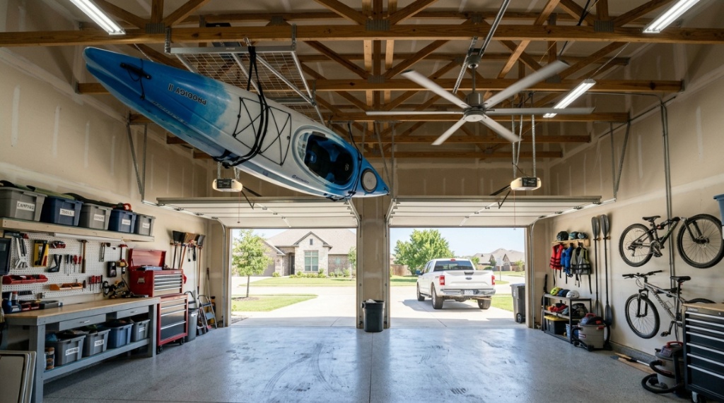 An overhead storage rack holds a kayak near a garage ceiling fan for ventilation.