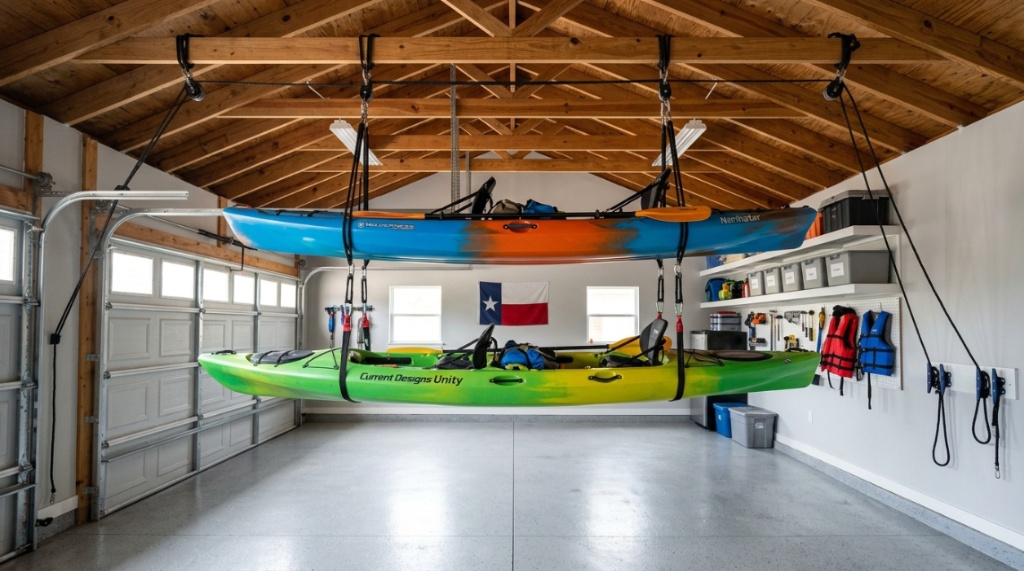 Two colorful tandem kayaks hang securely from a high garage ceiling using a pulley system.