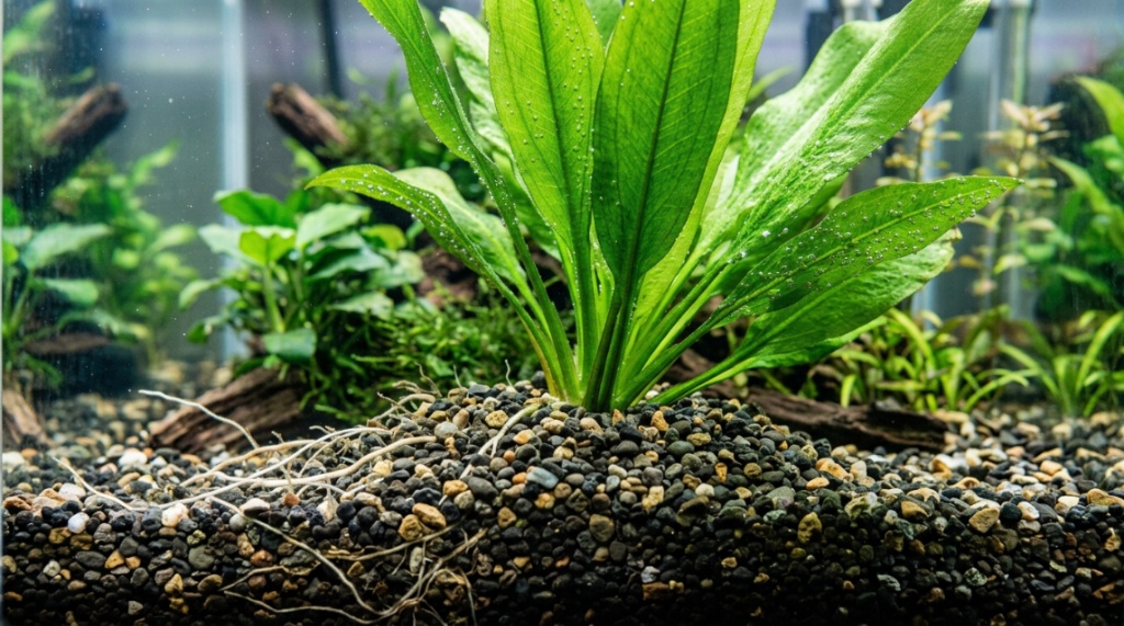 Close-up of healthy green aquatic plant leaves pearling with tiny oxygen bubbles under aquarium light.