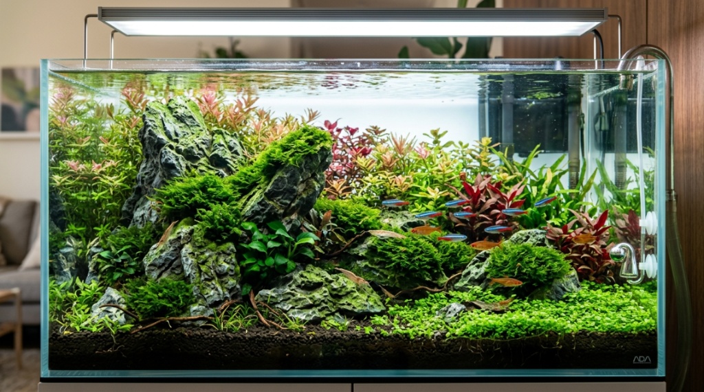 A planted aquarium decorated with natural aquascaping rocks and green moss.