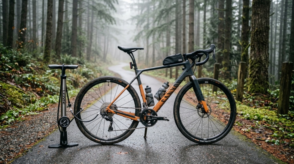 A floor bike tire pump next to a bicycle on a misty Washington trail.