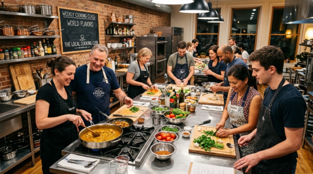 People learning cooking together in a local cooking club kitchen