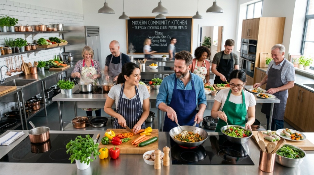 Cooking club members preparing fresh meals in a modern community kitchen