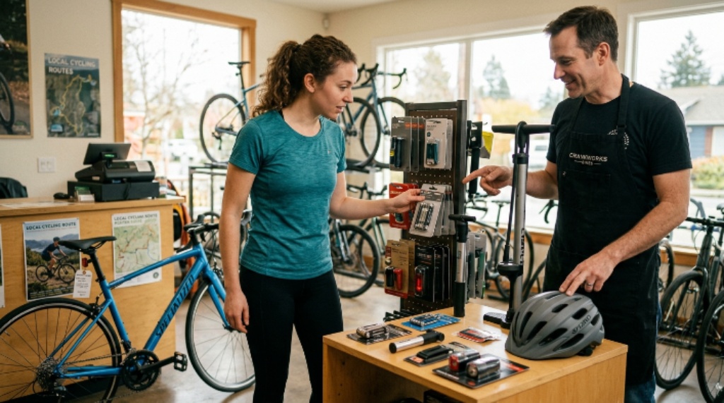 Beginner cyclist choosing essential bike accessories