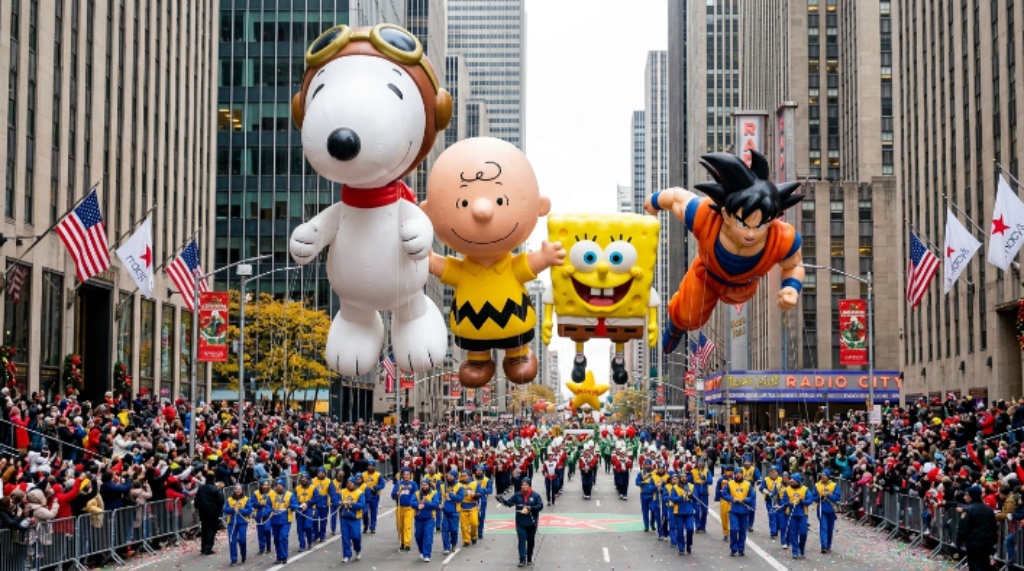 Giant character balloons floating down Sixth Avenue during the Macy's Thanksgiving Day Parade