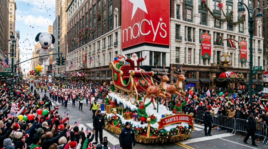 Santa Claus float arriving at Herald Square during the Macy's Thanksgiving Day Parade finale.