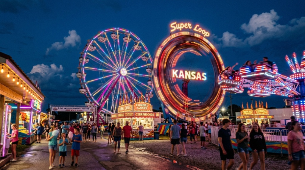 Carnival rides lit up at night during a nine-day Kansas community festival