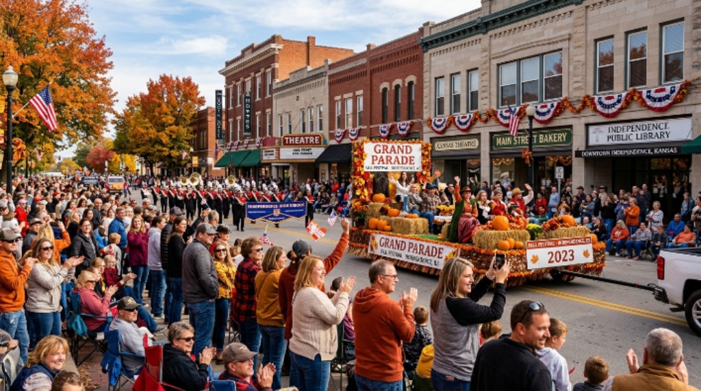 Crowd watching the Grand Parade during a fall festival in downtown Independence, Kansas
