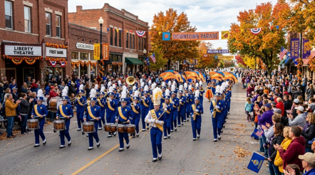 Marching band performing in a downtown parade during a Kansas autumn celebration