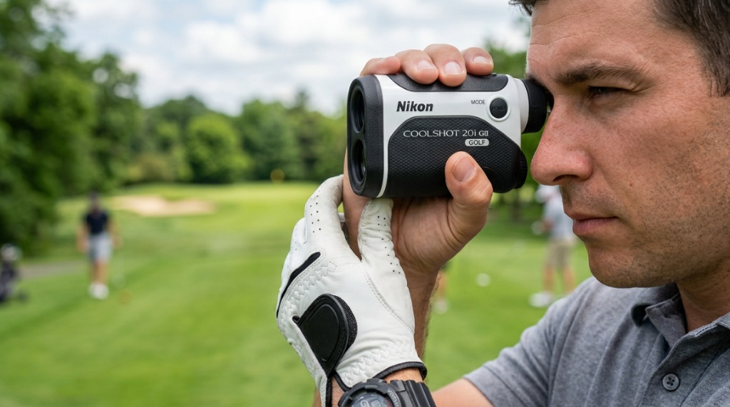 Golfer selecting a club next to a golf bag on the course.