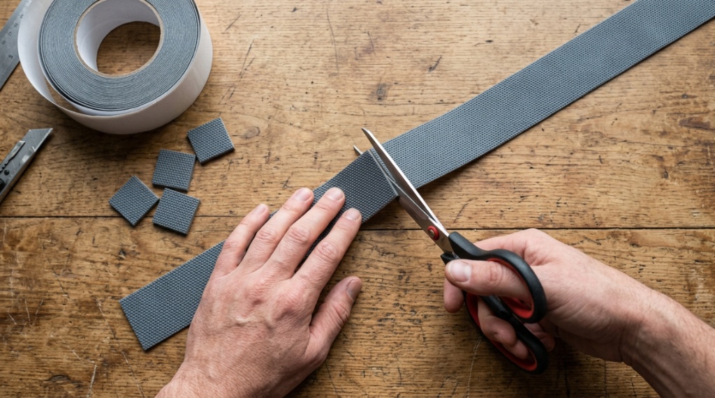Hands cutting small adhesive traction pads with scissors on a wooden table.