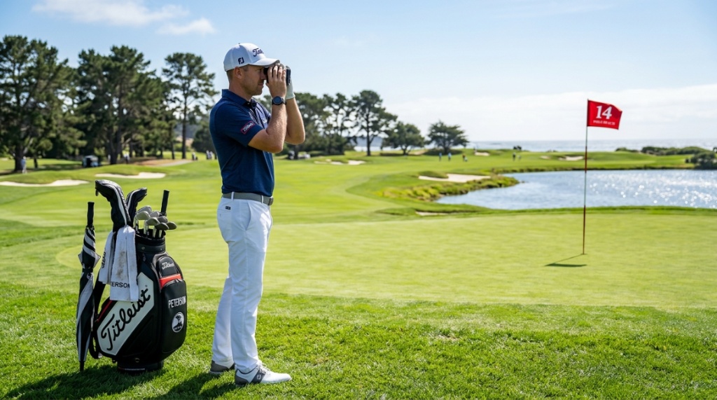 Golfer aiming a portable rangefinder at a golf course flagstick.