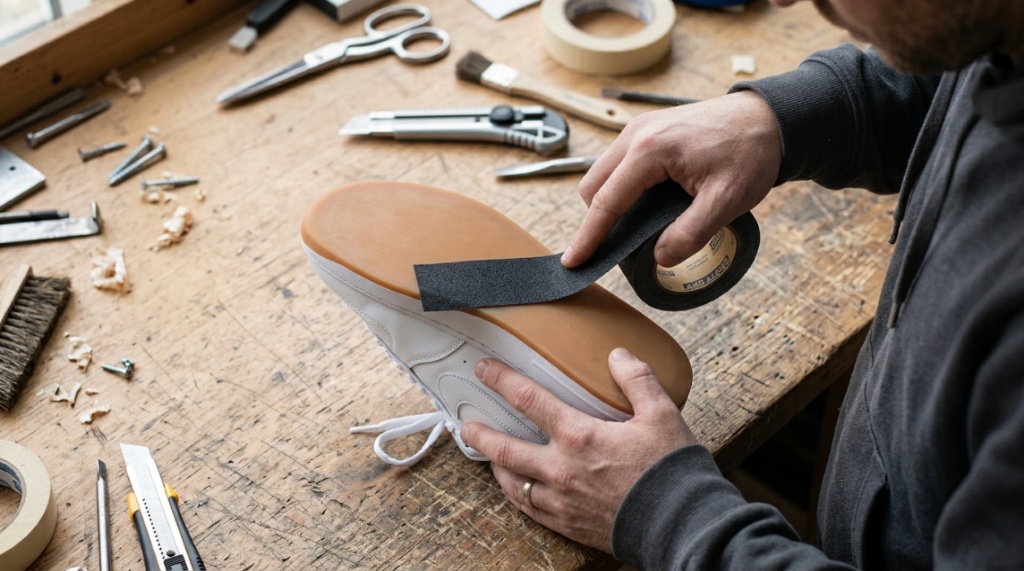 Person applying anti-slip grip tape to a smooth sneaker sole.