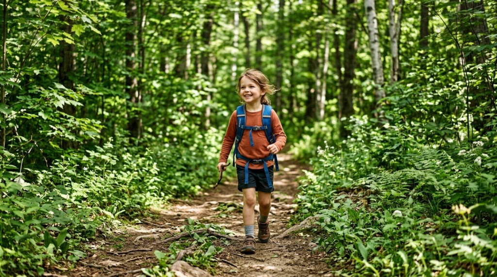 Colorful kids travel backpack on a wooden dock by a Michigan lake.