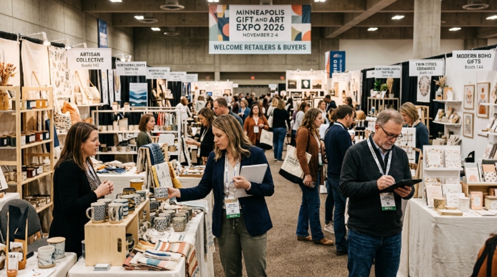 Retail buyers browsing wholesale gift products at the Minneapolis Gift and Art Expo held in November 2026
