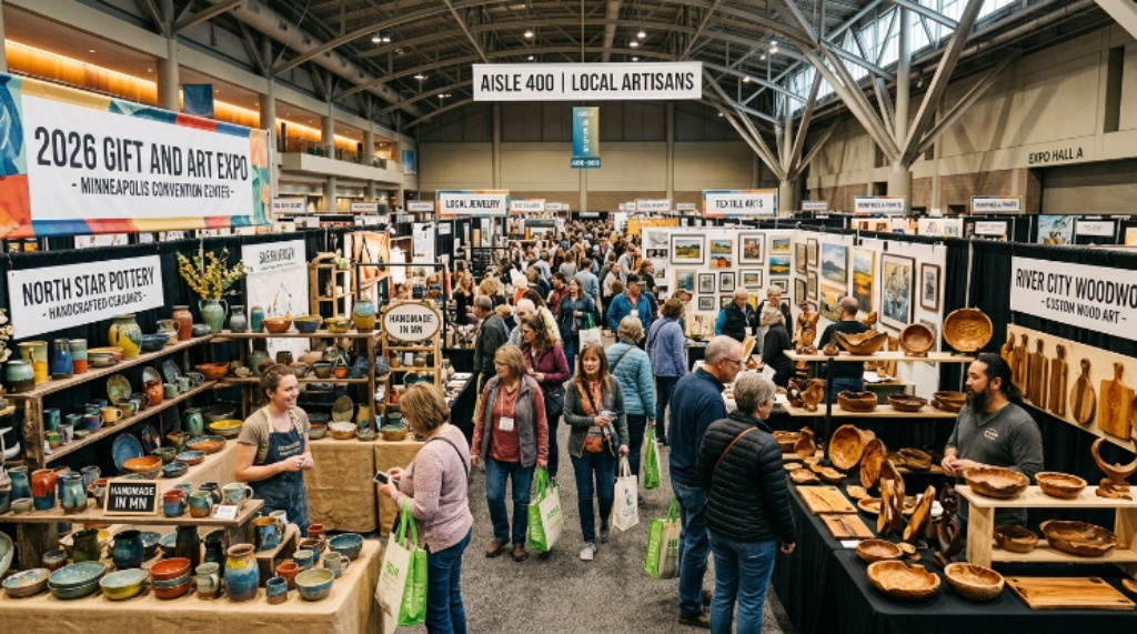 Exhibitors displaying handcrafted gifts and art at the Minneapolis Convention Center during the 2026 Gift and Art Expo