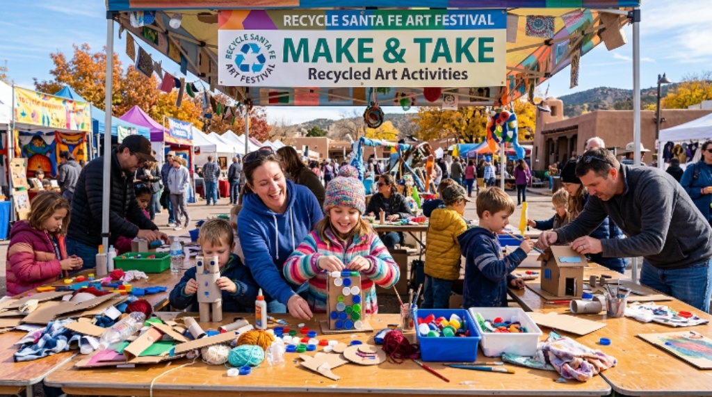Children and families participating in Make and Take recycled art activities at the Recycle Santa Fe Art Festival on a sunny November Saturday