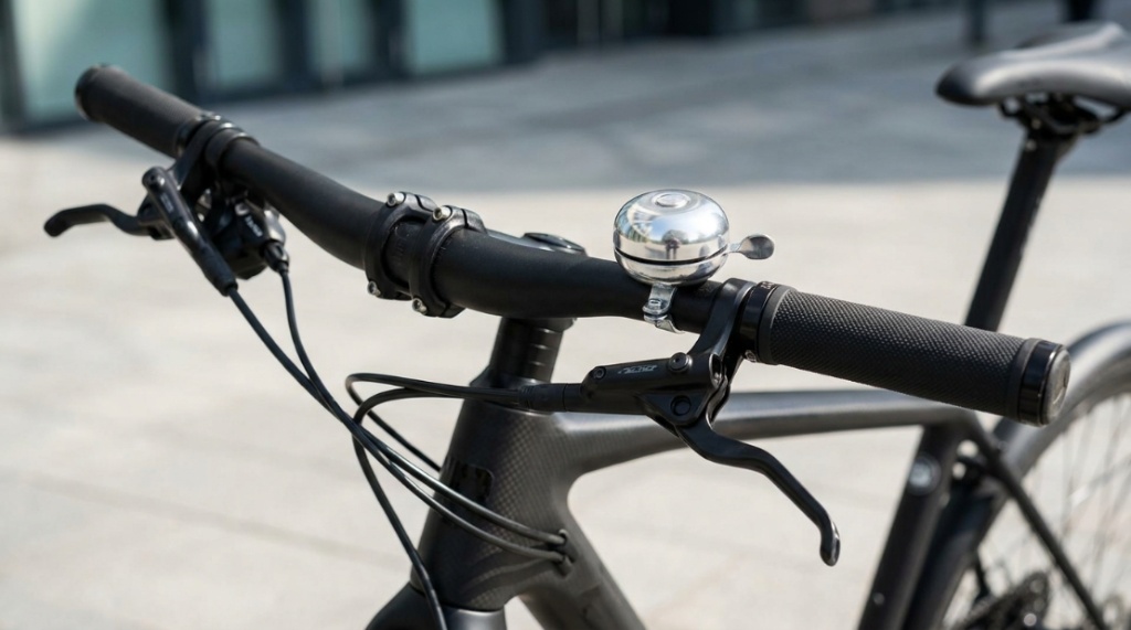 Polished aluminum bicycle bell mounted on black handlebars.