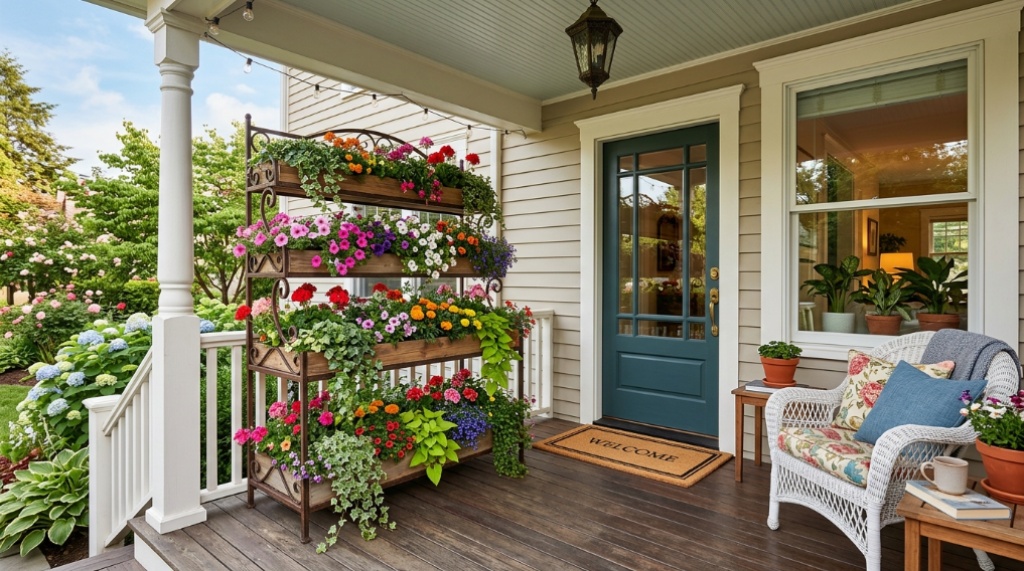 Hands arranging potted plants on wooden steps for a layered floral look.