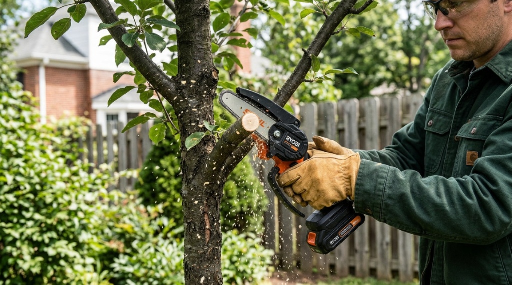 Person trimming a small tree branch with a 6-inch cordless chainsaw.