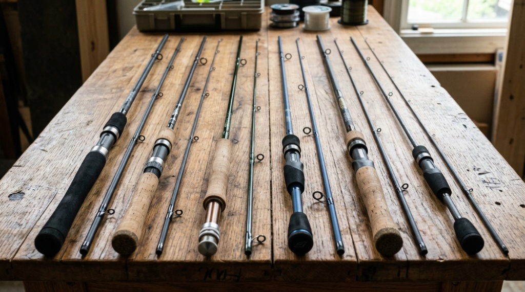 Various fishing rod lengths laid out on a table.