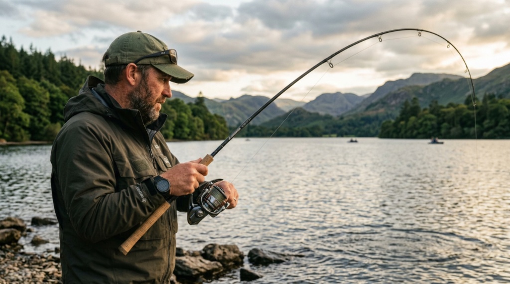 Angler testing a bending fishing rod near a lake. (