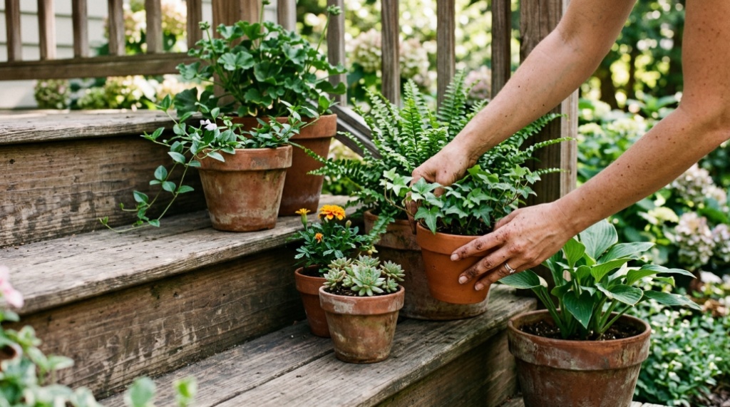 Multi-tiered flower display with colorful blooms decorating a welcoming front porch.