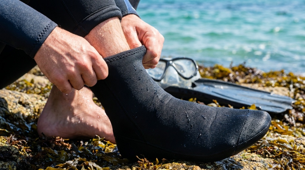 Close-up of a person pulling neoprene wetsuit socks onto their feet.