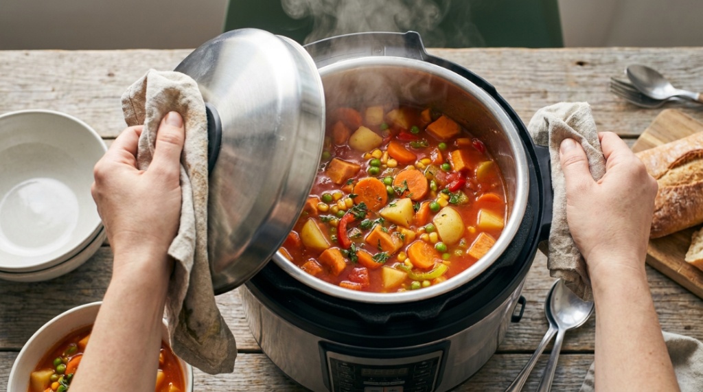 Fresh vegetable stew cooking inside an open stainless steel multicooker on a kitchen counter.