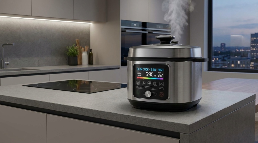 Modern stainless steel multicooker on a kitchen counter with an illuminated digital control panel.