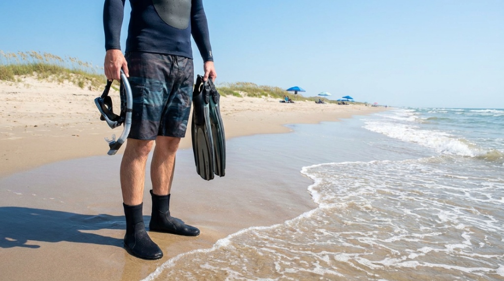 Snorkeler wearing black wetsuit socks standing on a Texas gulf coast beach.